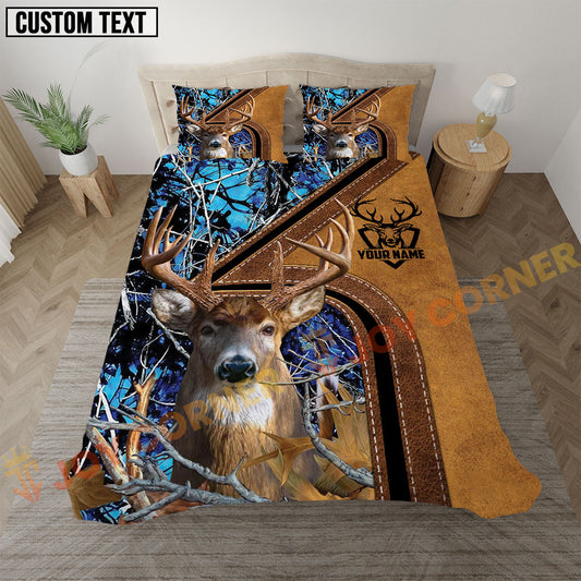 Joycorners Deer Hunting Blue Real Tree Forest Leather Stripe Bedding Set 3D All Over Printed