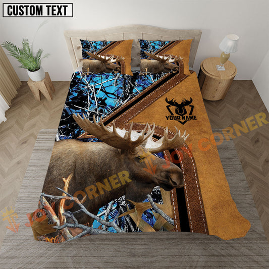 Joycorners Moose Hunting Blue Real Tree Forest Leather Stripe Bedding Set 3D All Over Printed