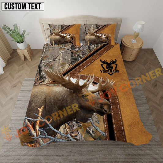 Joycorners Moose Hunting Grass Brown Camo Real Tree Forest Leather Stripe Bedding Set 3D All Over Printed