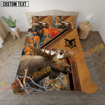 Joycorners Moose Hunting Orange Camo Real Tree Forest Leather Stripe Bedding Set 3D All Over Printed