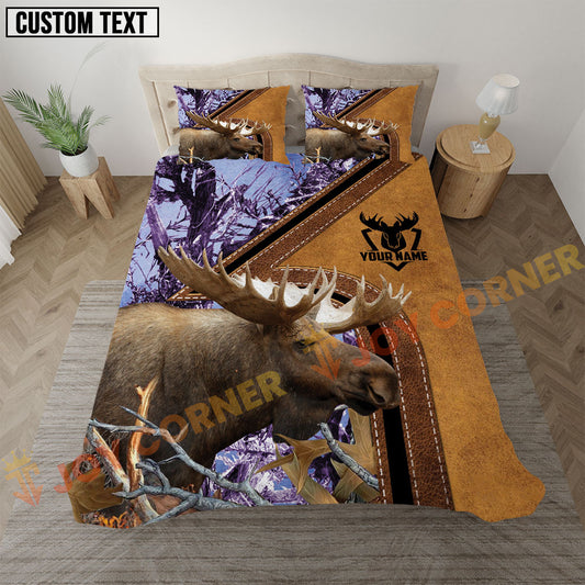 Joycorners Moose Hunting Purple Real Tree Forest Leather Stripe Bedding Set 3D All Over Printed