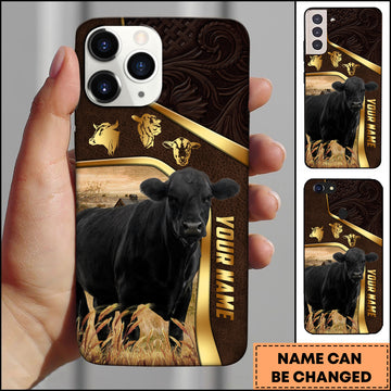 Joycorners Black Angus Farm Landscape Gold Trim Leather Style Personalized Name 3D Phone Case