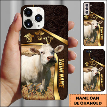 Joycorners Charolais Farm Landscape Gold Trim Leather Style Personalized Name 3D Phone Case