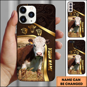 Joycorners Hereford Farm Landscape Gold Trim Leather Style Personalized Name 3D Phone Case