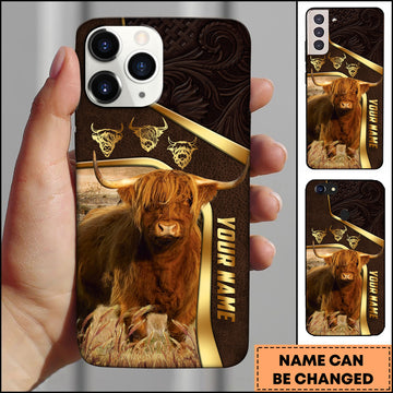 Joycorners Highland Farm Landscape Gold Trim Leather Style Personalized Name 3D Phone Case