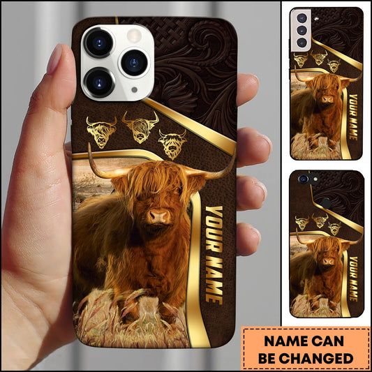 Joycorners Highland Farm Landscape Gold Trim Leather Style Personalized Name 3D Phone Case