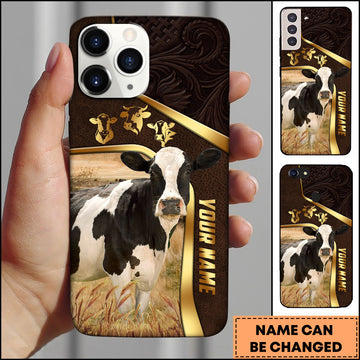 Joycorners Holstein Farm Landscape Gold Trim Leather Style Personalized Name 3D Phone Case
