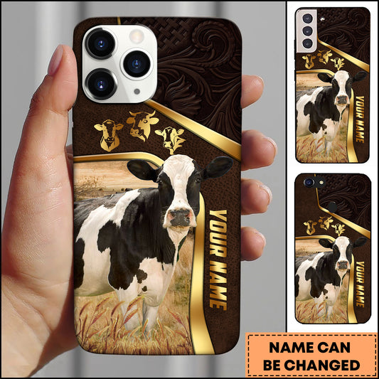 Joycorners Holstein Farm Landscape Gold Trim Leather Style Personalized Name 3D Phone Case