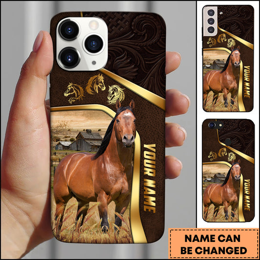 Joycorners Horse Farm Landscape Gold Trim Leather Style Personalized Name 3D Phone Case