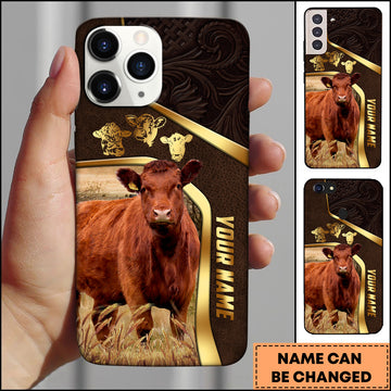 Joycorners Red Angus Farm Landscape Gold Trim Leather Style Personalized Name 3D Phone Case