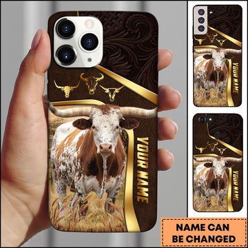 Joycorners Texas Longhorn Farm Landscape Gold Trim Leather Style Personalized Name 3D Phone Case