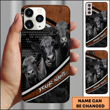 Joycorners Black Angus Cow Group Leather Texture Honeycomb Pattern Personalized Name 3D Phone Case