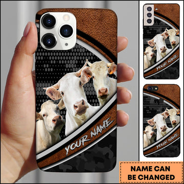 Joycorners Charolais Cow Group Leather Texture Honeycomb Pattern Personalized Name 3D Phone Case