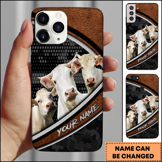 Joycorners Charolais Cow Group Leather Texture Honeycomb Pattern Personalized Name 3D Phone Case