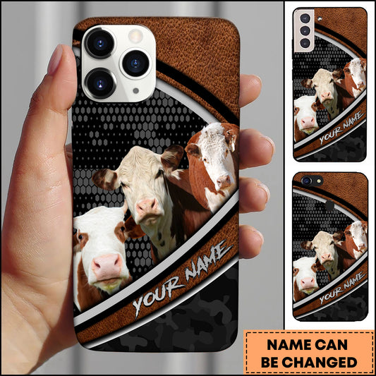 Joycorners Hereford Cow Group Leather Texture Honeycomb Pattern Personalized Name 3D Phone Case