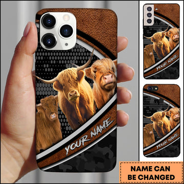 Joycorners Highland Cow Group Leather Texture Honeycomb Pattern Personalized Name 3D Phone Case