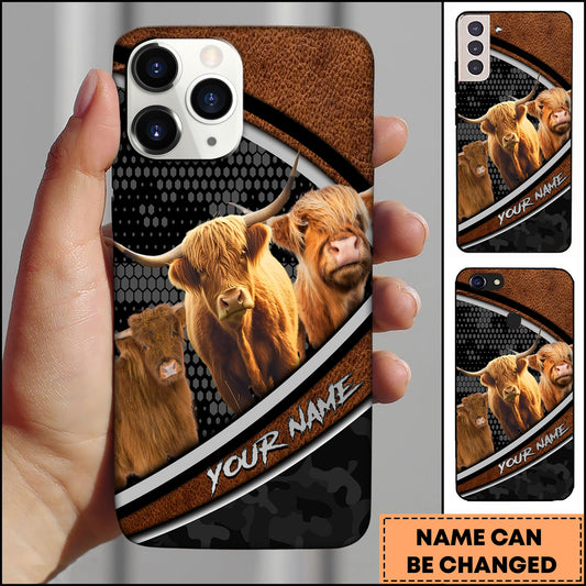 Joycorners Highland Cow Group Leather Texture Honeycomb Pattern Personalized Name 3D Phone Case