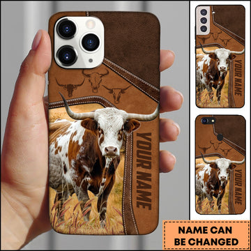 Joycorners Texas Longhorn Western Leather Stitch Vertical Name Design Personalized Name 3D Phone Case