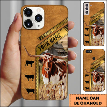 Joycorners Texas Longhorn Rustic Barn Leather Strap Design Personalized Name 3D Phone Case