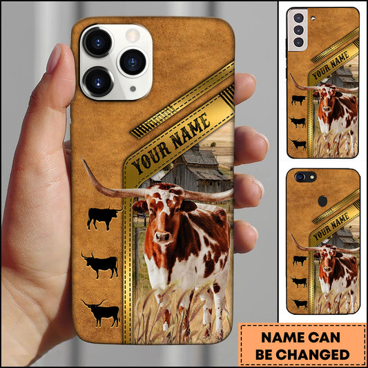 Joycorners Texas Longhorn Rustic Barn Leather Strap Design Personalized Name 3D Phone Case