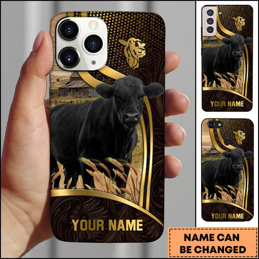 Joycorners Black Angus Cow Ranch Scene Gold Curve Leather Pattern Personalized Name 3D Phone Case