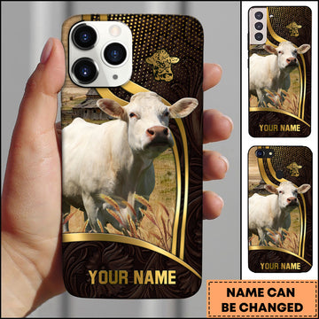 Joycorners Charolais Cow Ranch Scene Gold Curve Leather Pattern Personalized Name 3D Phone Case
