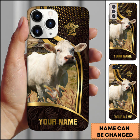 Joycorners Charolais Cow Ranch Scene Gold Curve Leather Pattern Personalized Name 3D Phone Case