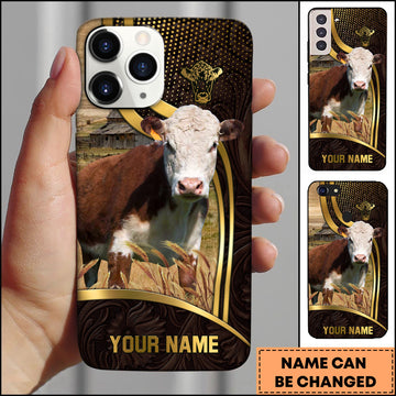 Joycorners Hereford Cow Ranch Scene Gold Curve Leather Pattern Personalized Name 3D Phone Case