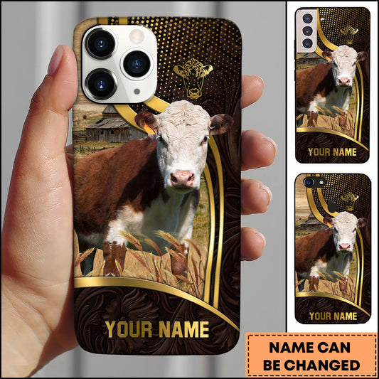 Joycorners Hereford Cow Ranch Scene Gold Curve Leather Pattern Personalized Name 3D Phone Case