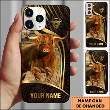 Joycorners Highland Cow Ranch Scene Gold Curve Leather Pattern Personalized Name 3D Phone Case