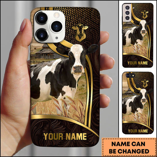 Joycorners Holstein Cow Ranch Scene Gold Curve Leather Pattern Personalized Name 3D Phone Case