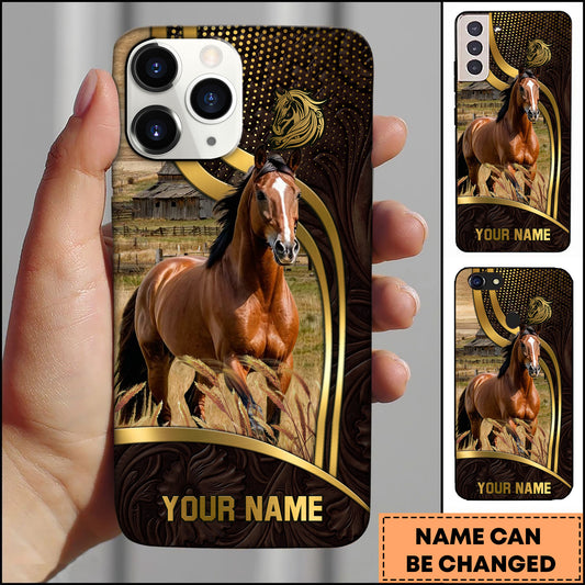 Joycorners Horse Cow Ranch Scene Gold Curve Leather Pattern Personalized Name 3D Phone Case