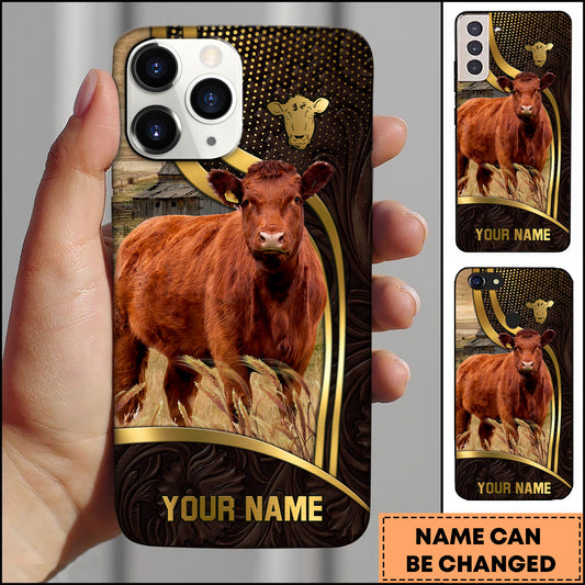 Joycorners Red Angus Cow Ranch Scene Gold Curve Leather Pattern Personalized Name 3D Phone Case