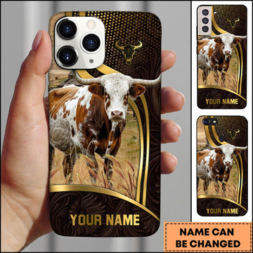 Joycorners Texas Longhorn Cow Ranch Scene Gold Curve Leather Pattern Personalized Name 3D Phone Case