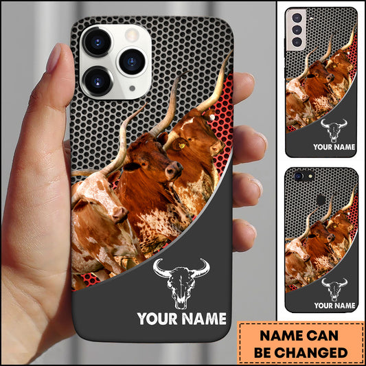 Joycorners Texas Longhorn Cattle Industrial Mesh Red Accent Design Personalized Name 3D Phone Case