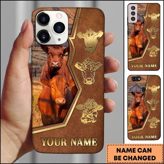 Joycorners Red Angus Ranch Landscape Leather Frame Design Personalized Name 3D Phone Case