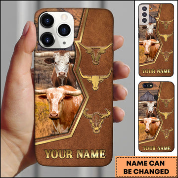 Joycorners Texas Longhorn Ranch Landscape Leather Frame Design Personalized Name 3D Phone Case