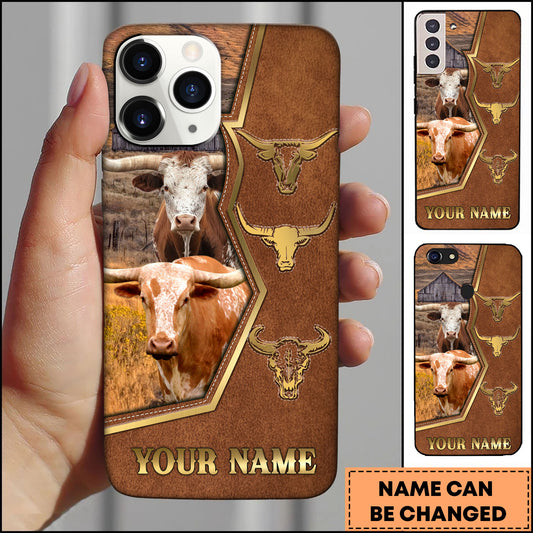Joycorners Texas Longhorn Ranch Landscape Leather Frame Design Personalized Name 3D Phone Case