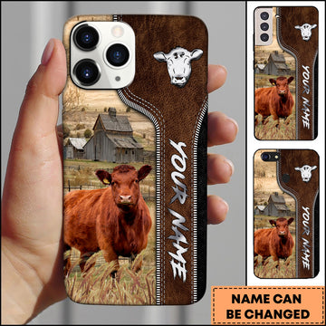 Joycorners Red Angus Western Leather Embossed Pattern Personalized Name 3D Phone Case