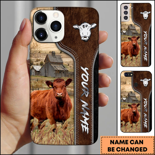Joycorners Red Angus Western Leather Embossed Pattern Personalized Name 3D Phone Case