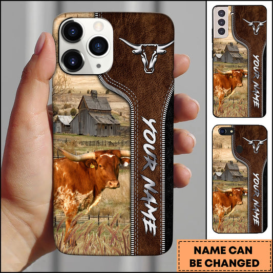 Joycorners Texas Longhorn Western Leather Embossed Pattern Personalized Name 3D Phone Case