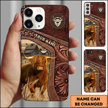 Joycorners Highland Gold Emblem Leather Farm Style Personalized Name 3D Phone Case