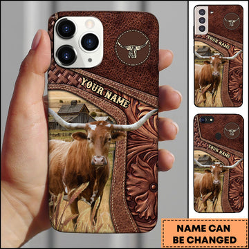 Joycorners Texas Longhorn Gold Emblem Leather Farm Style Personalized Name 3D Phone Case