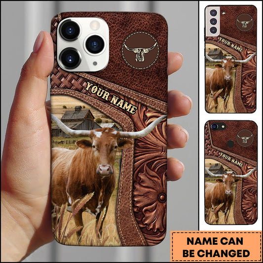 Joycorners Texas Longhorn Gold Emblem Leather Farm Style Personalized Name 3D Phone Case