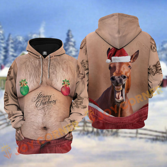 Joycorners Horse Funny Hairy Belly Merry Christmas Pattern Personalized Name Shirt 3D All Over Printed Clothes