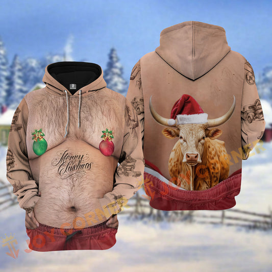 Joycorners Texas Longhorn Funny Hairy Belly Merry Christmas Pattern Personalized Name Shirt 3D All Over Printed Clothes