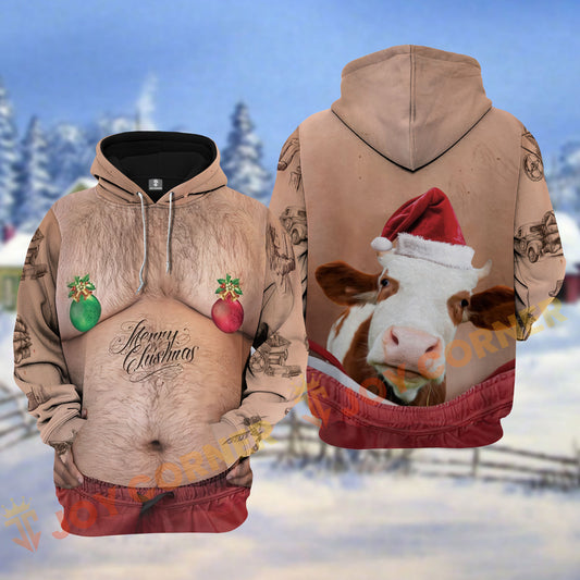 Joycorners Hereford Funny Hairy Belly Merry Christmas Pattern Personalized Name Shirt 3D All Over Printed Clothes