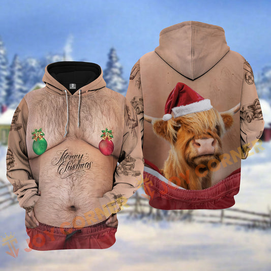 Joycorners Highland Cattle Funny Hairy Belly Merry Christmas Pattern Personalized Name Shirt 3D All Over Printed Clothes