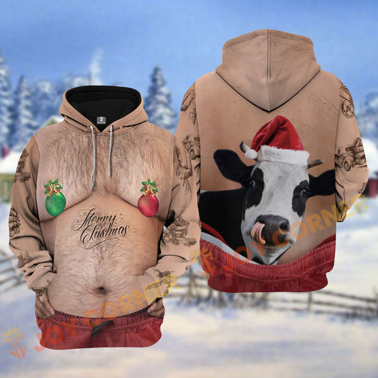 Joycorners Holstein Funny Hairy Belly Merry Christmas Pattern Personalized Name Shirt 3D All Over Printed Clothes