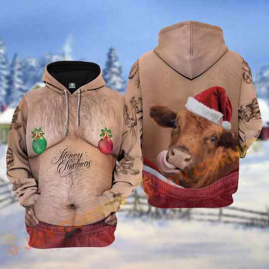 Joycorners Red Angus Funny Hairy Belly Merry Christmas Pattern Personalized Name Shirt 3D All Over Printed Clothes